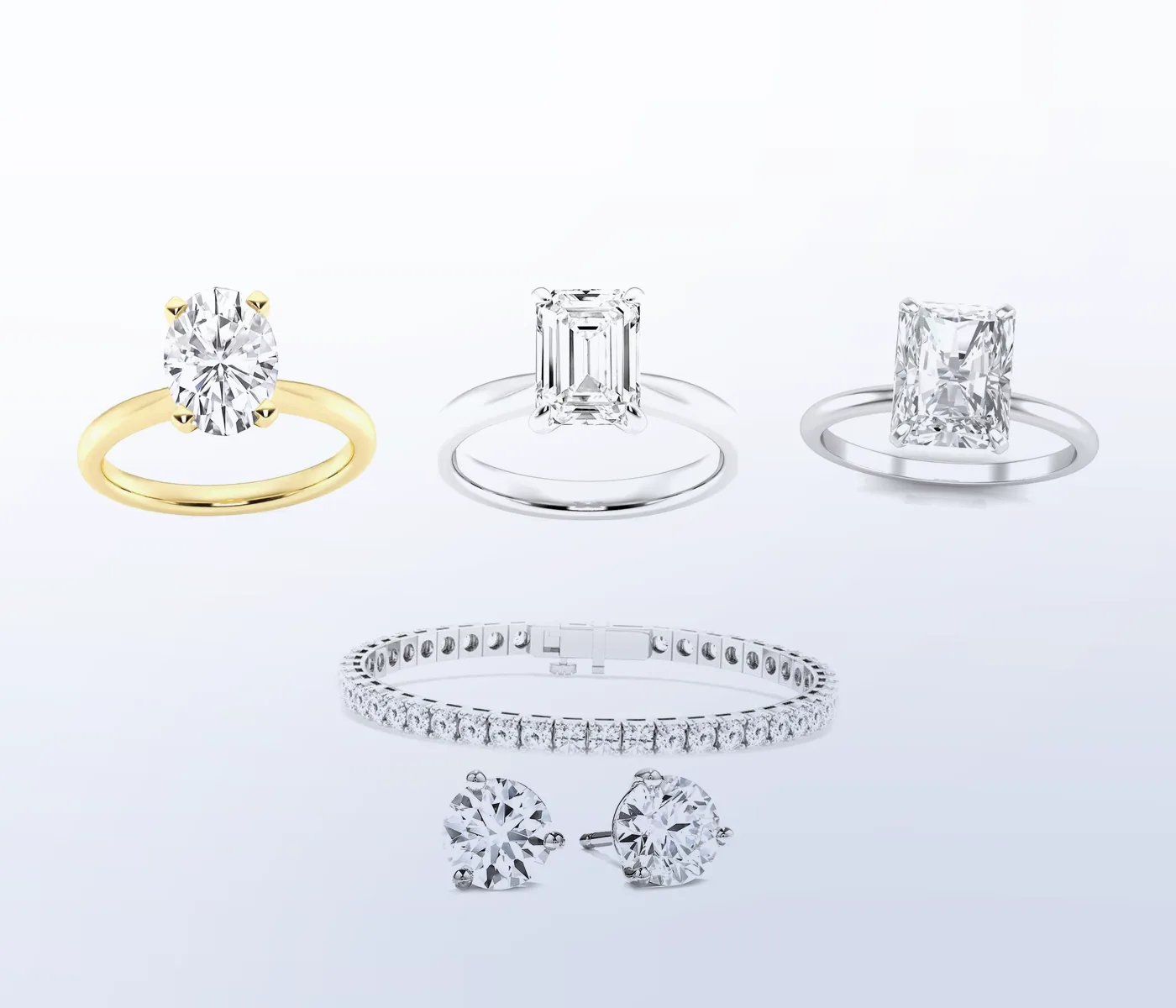 Three solitaire engagement rings, a tennis bracelet and stud earrings in lab-grown diamonds